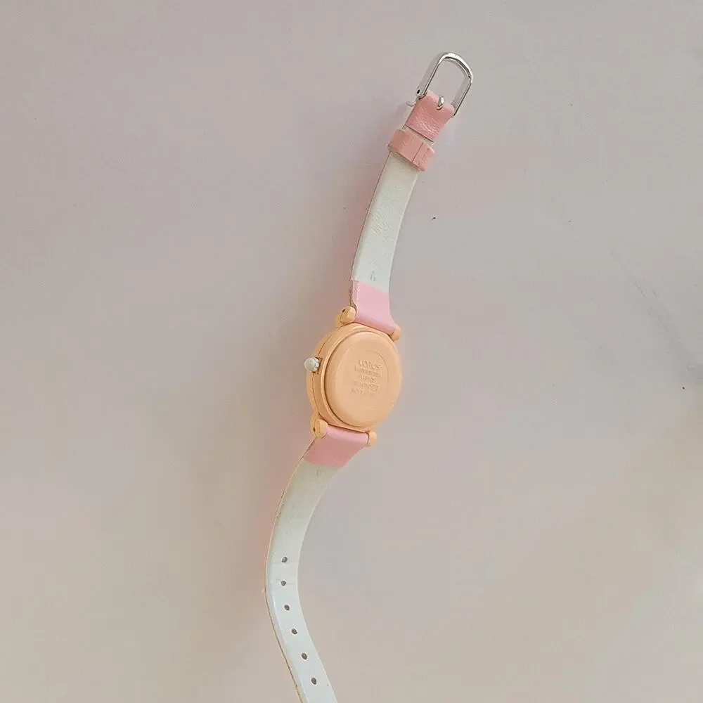 Girls Watch White Dial Orange Case Pink Faux Leather Band Lorus Quartz V821-0210